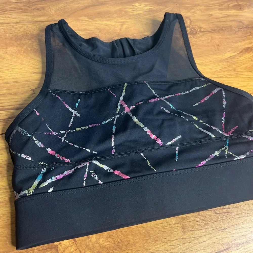 Zyia Active Sports Bra Size M‎ Black Iridescent High Neck Mesh Zip Racerback
